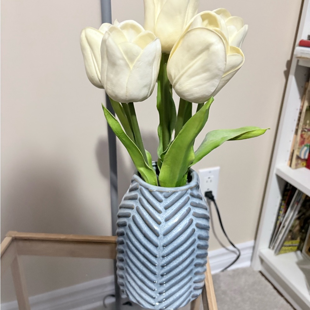 Cream Tulip Bouquet in Textured Light Blue Ceramic Vase